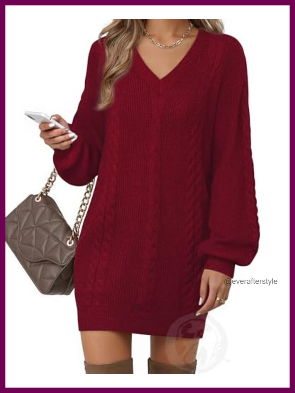 V Neck Fall Lantern Sleeve Knit Mini Sweater Dress